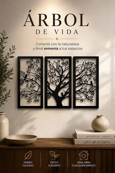 Tríptico decorativo Árbol de Vida con pajaritos en corte láser - Pixel Labs