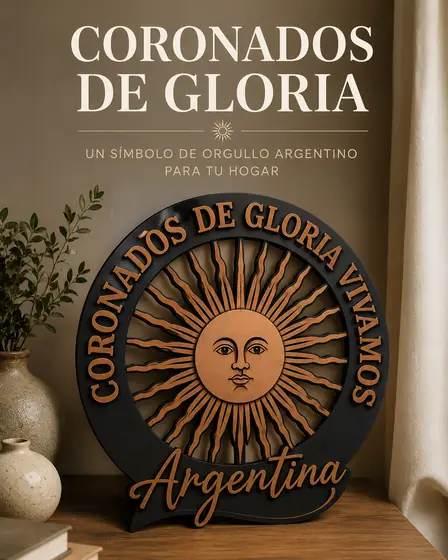 Cuadro circular del sol de mayo con la frase Coronados de gloria vivamos en corte láser - Pixel Labs