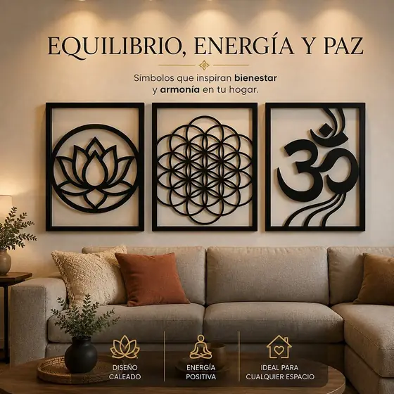 Tríptico decorativo con loto, flor de la vida y símbolo Om en corte láser - Pixel Labs