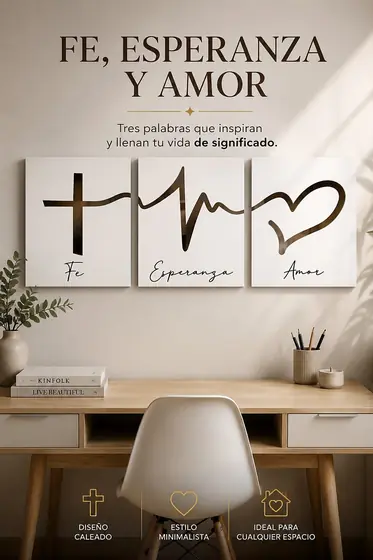 Tríptico decorativo Fe, Esperanza y Amor con cruz, pulso y corazón en corte láser - Pixel Labs