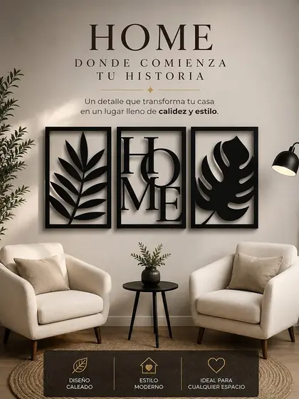 Tríptico decorativo Home con hojas en corte láser - Pixel Labs