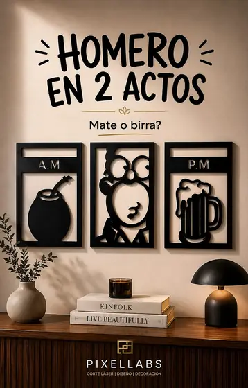 Tríptico decorativo Homero en 2 Actos, mate y birra, en corte láser - Pixel Labs