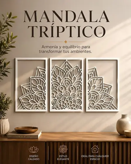 Tríptico decorativo de mandala en corte láser - Pixel Labs
