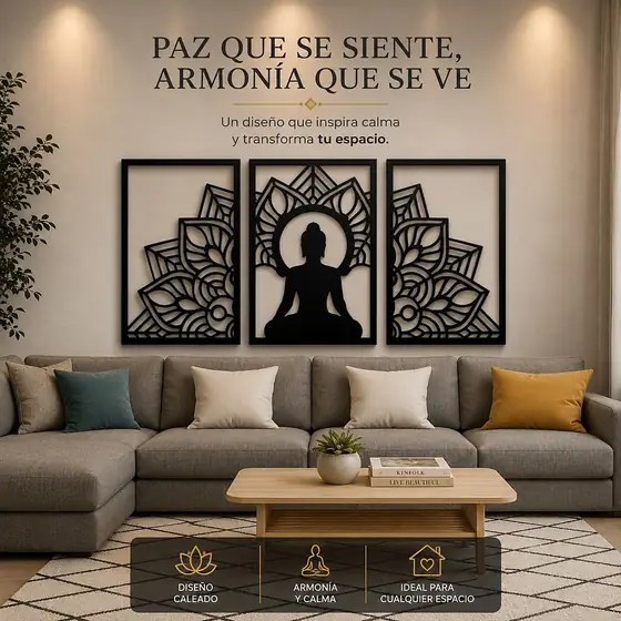 Tríptico decorativo Paz y Armonía con Buda y mandala en corte láser - Pixel Labs
