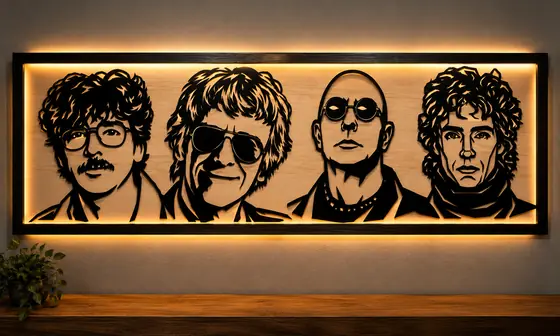 Cuadro con cuatro retratos de músicos del rock nacional en corte láser sobre madera con luz LED - Pixel Labs