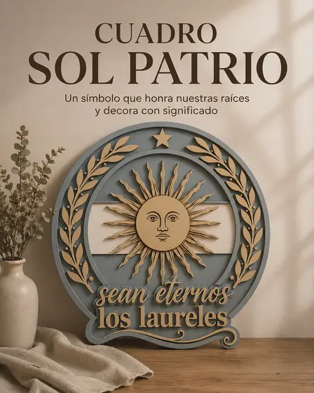 Cuadro del sol de mayo con laureles y la frase Sean eternos los laureles en corte láser - Pixel Labs